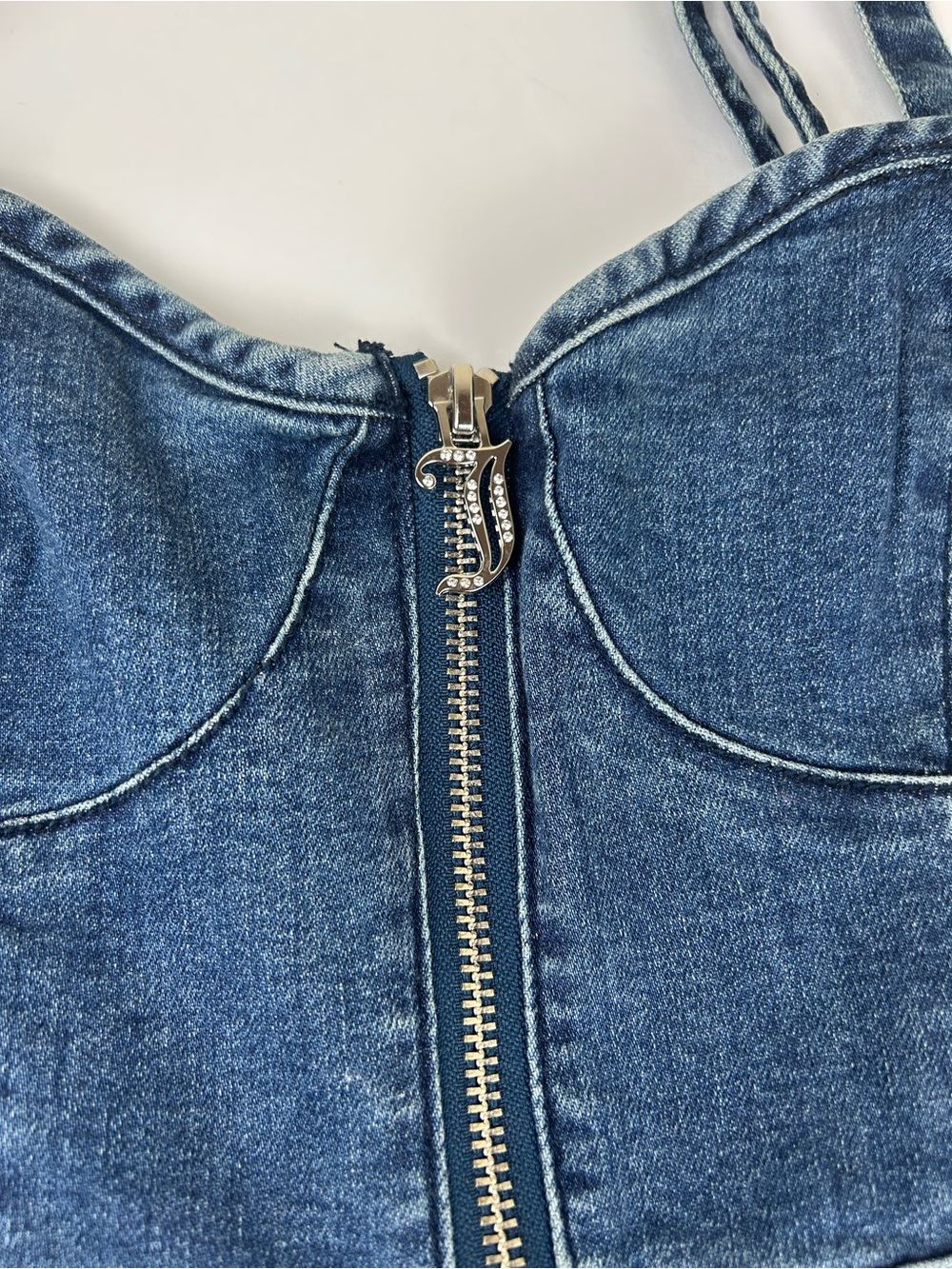 Juicy Couture Denim Dress S Blue Sweetheart Zip Front Bodycon Rhinestone NEW - Picture 5 of 9